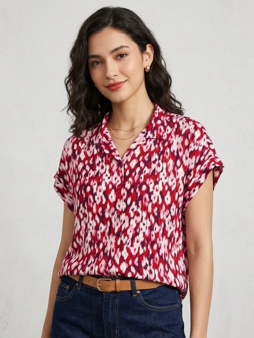 Alexander Jordan Women's Red Patterned Short-Sleeve Blouse XL - Picture 1 of 2